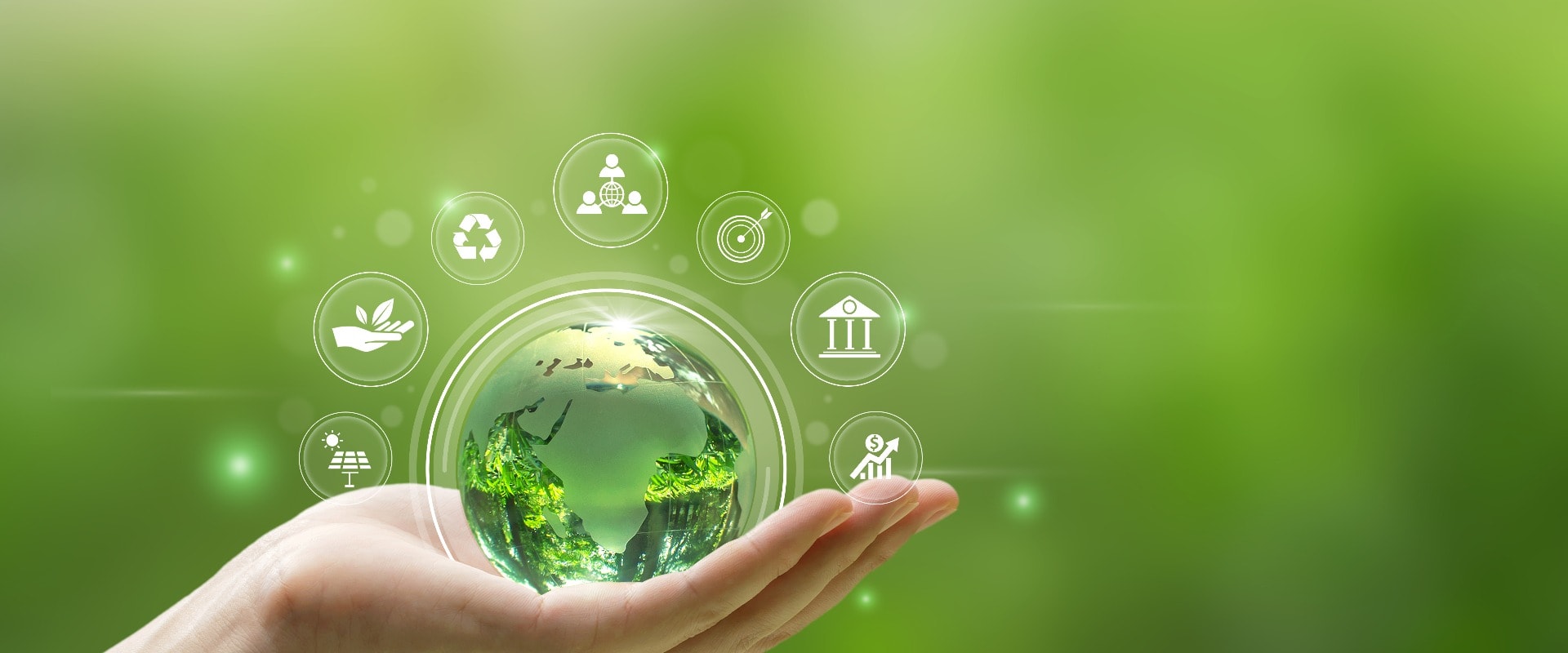 ESG environment social governance concept. Hand-holding crystal globe with ESG icon around it.Business cooperation for a sustainable environment.World sustainable environment concept.