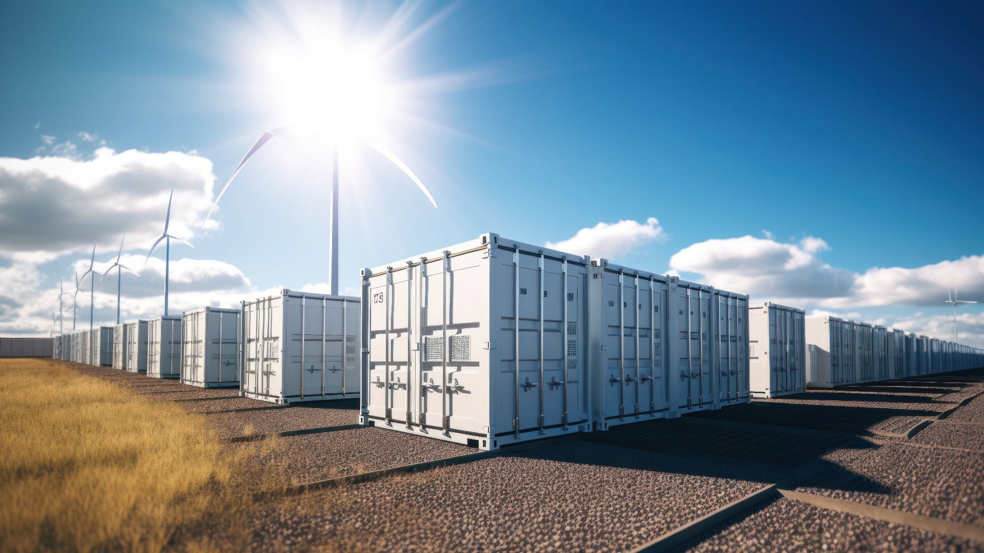 Modernes Batterie-Energiespeichersystem, Batterie-Container-Einheiten mit Solar- und Turbinenpark