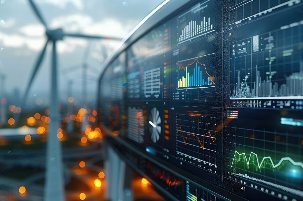 Wind turbine energy management system with real-time statistics and data analytics displayed on digital interfaces. Generative AI.